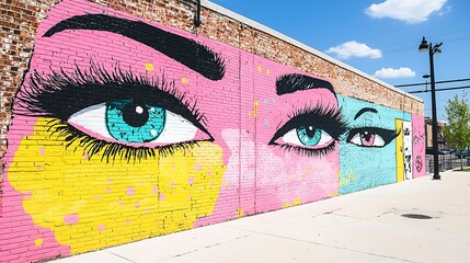 Vibrant Eyes Mural on Brick Wall Urban Street Art Colorful Graffiti Pink Teal Yellow