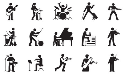  A collection of black silhouette music icons depicting various musicians playing different instruments such as guitar, drums, keyboard, trumpet, and saxophone.