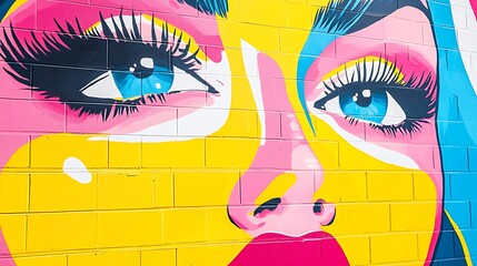 Vibrant Pop Art Mural Close up of a Woman s Face on Brick Wall