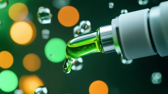 A macro shot of a pipette releasing a glowing green liquid drop, surrounded by floating transparent bubbles, with a soft bokeh background of green, orange, and yellow circular lights