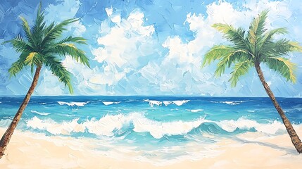 Vibrant Tropical Beach Scene Palm Trees Ocean Waves and Sunny Sky