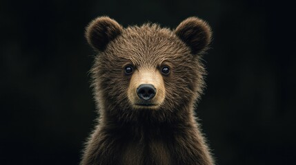 Obraz premium Young bear gazes curiously in a dark forest setting