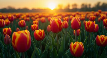 Vibrant tulip field at sunset