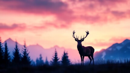 Naklejka premium Majestic Red Deer Silhouette at Sunset - A majestic red deer stag stands silhouetted against a vibrant sunset, symbolizing wilderness, freedom, power, tranquility, and nature's beauty