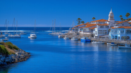 Fototapeta premium Coastal Beauty: A serene coastal landscape unfolds, featuring boats gently bobbing in a tranquil bay, with charming buildings and a clear blue sky.
