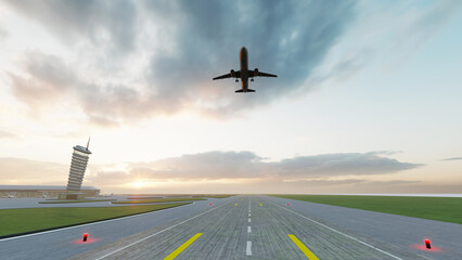 ULTRA HD. Airplane fly up over take-off runway from airport. Airplane flies in sunset sky. Travel, tourism. 