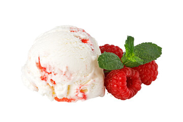 Delicious strawberry ice cream scoop with fresh raspberries and mint on transparent background