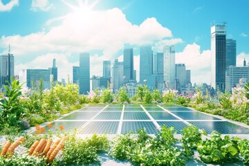 Urban rooftop garden with solar panels and city skyline.