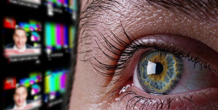Close-up of human eye reflecting multiple news screens, representing information overload and media saturation