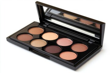 Eye shadow palette with eight shades in a black compact with an open mirror, photographed against a white background.