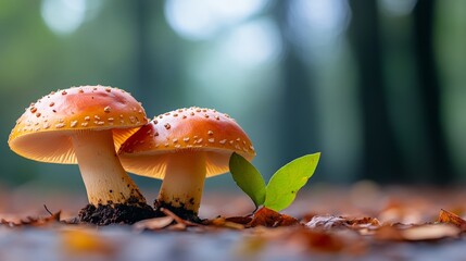 Two mushrooms are on the ground, one of which is sprouting a leaf. The scene is peaceful and serene, with the mushrooms and leaf blending in with the natural surroundings