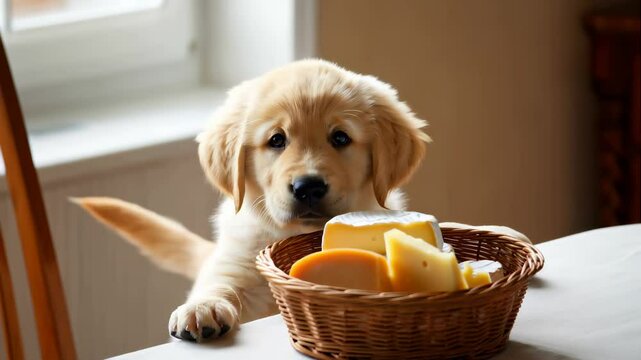 golden retriever puppy sitting on the table in fornt of basket of bread