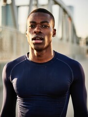 Fototapeta premium Young African American man resting after intense sprint training on urban environment.