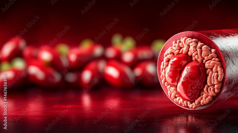 Poster red object with a white stem is surrounded by red objects. the red objects are arranged in a way tha