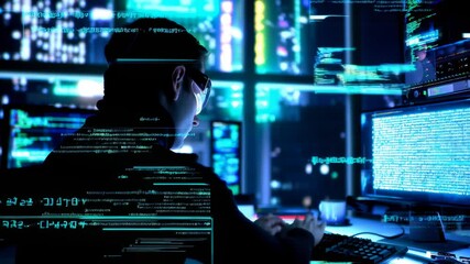 binary code technology, hacker working in front of a computer in a dark room - Powered by Adobe