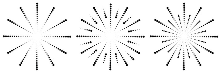 Radial sun burst. Black-white round sunburst icons. Starburst circles. Abstract stripes with center. Sunburst elements isolated on white background. Circular stars. Vector.