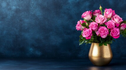 Fototapeta premium Pink Roses in Gold Vase - Beautiful bouquet of pink roses arranged in a gold vase against a dark blue background. Perfect for Valentine's Day, Mother's Day, or any romantic occasion