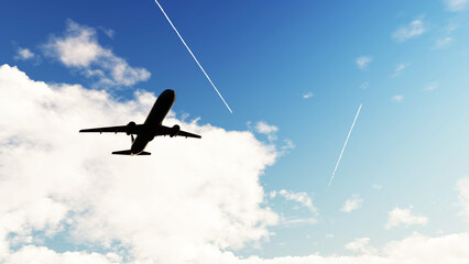 Airplane flies in sky at blue sky. Travel. Airplane takes off against the background of blue sky. ULTRA HD.