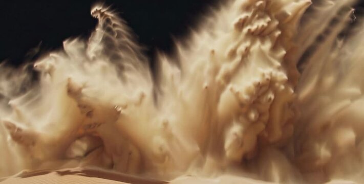 Sand explosion abstract effect, cinematic desert blast with dynamic dust particles in motion, background

