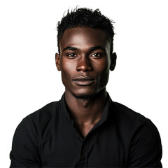 Obraz premium Portrait of a confident man in a black shirt, showcasing strong features and a stylish look against a plain background