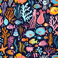 Obraz premium seamless cartoon marine life pattern with fish, starfish, jellyfish, seahorses, corals in vivid colors