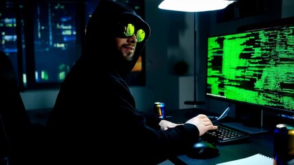 binary code technology, hacker working in front of a computer in a dark room - Powered by Adobe