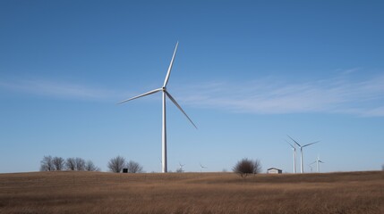 Wide view of wind turbines standing tall in dry rural field under clear blue sky perfect for clean energy concepts, eco-friendly technology campaigns and environmental sustainability visuals