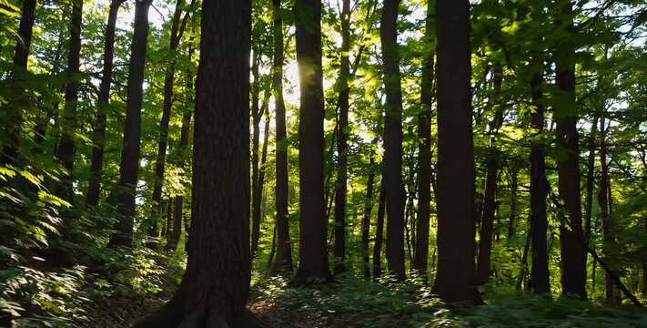 Man hiking alone through sunlit forest trail in summer, back view with glowing sunlight through trees, peaceful nature walk video