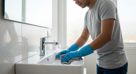 Fototapeta premium Person cleaning a kitchen sink with blue gloves. 