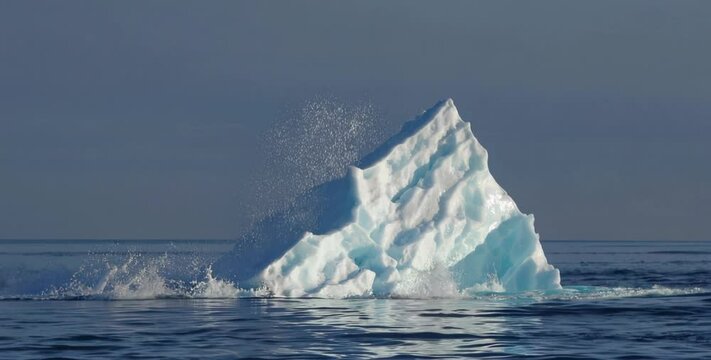 Iceberg breaking through ocean surface with splash in calm polar seascape