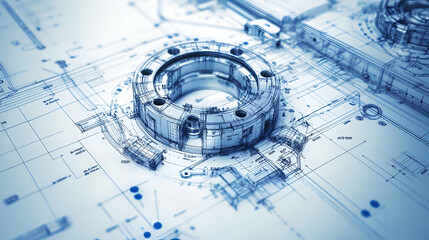 Detailed 3D Render of a Mechanical Part on a Blueprint