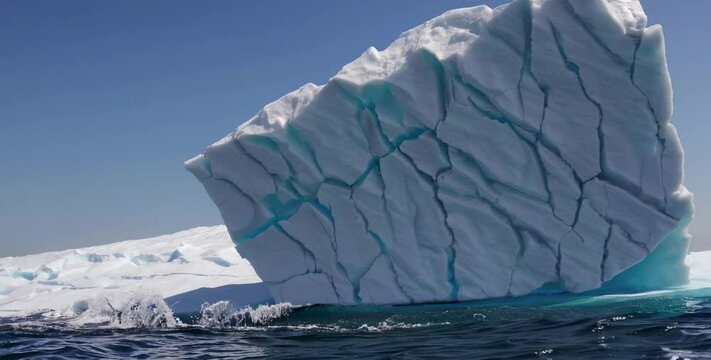 Large cracked iceberg floating in ocean waters under clear blue sky