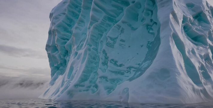 Close-up approach to massive blue iceberg in icy arctic ocean