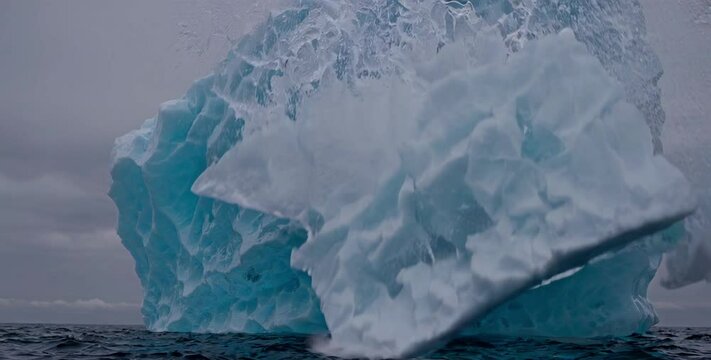 Iceberg collapse into ocean with dramatic splash, arctic climate change footage