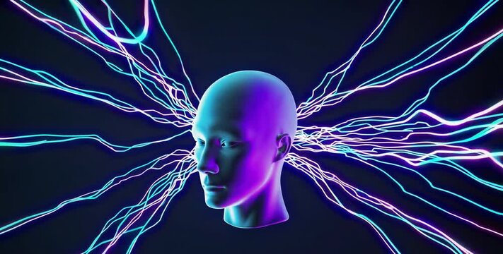 Rotating digital head with flowing neon light trails, futuristic AI animation