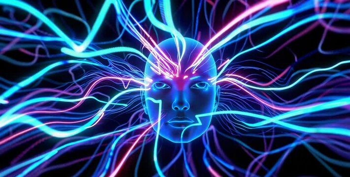 Dynamic digital face with moving neon light trails connections, futuristic AI concept