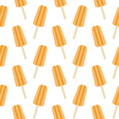 Seamless pattern for packaging and wrapping paper. Orange fruit ice cream on a stick on a white background. Vector illustration. Print for a gift bag. Summer ornament. Bright wallpaper.