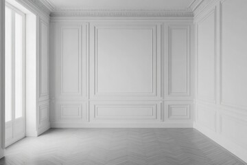 An empty room with white paneled walls, decorative molding, and a herringbone-patterned floor, bathed in bright light from a window.