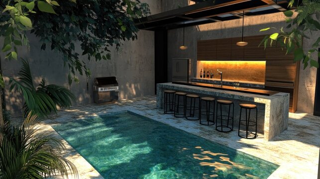 Modern outdoor kitchen and pool area (1)