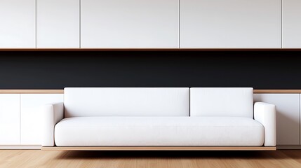 Minimalist white sofa and cabinet design showcases clean lines and bright colors for a modern interior aesthetic.