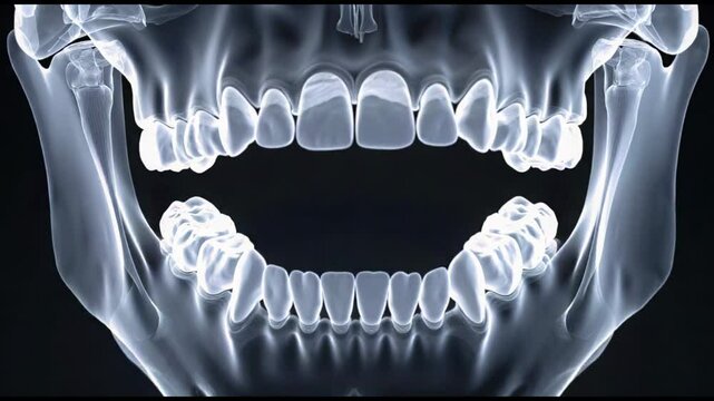 animated video of a human jaw with teeth gradually opening, X-ray visualization