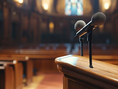 Two microphones on a wooden lectern in a church sanctuary