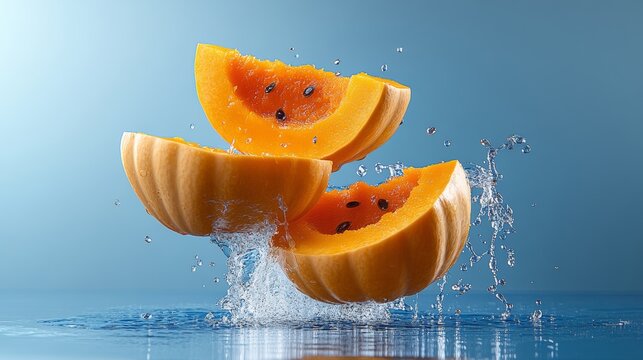 Slice of orange is floating in the water. The orange is cut in half and has a small hole in the middle. The water is splashing around the orange, creating a sense of movement and energy