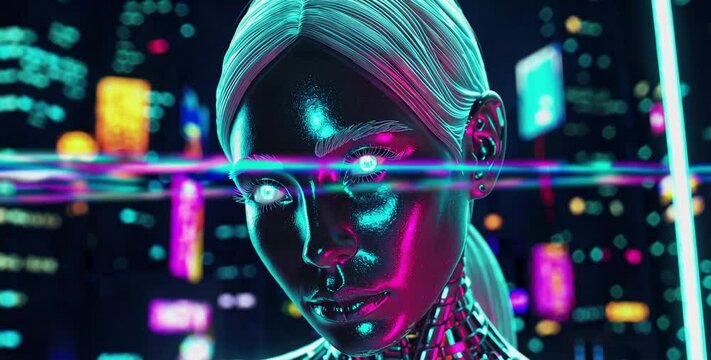 Futuristic cybernetic female figure with glowing eyes and neon light trails, set against a vibrant urban cityscape, ai background