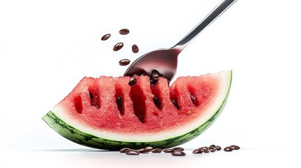 Spoon is placed in the center of a watermelon, which has been cut in half. The spoon is surrounded by a pile of seeds, which have been scattered around the watermelon