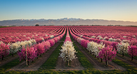 Fototapeta premium Field of pink and white blossoms stretching to the horizon. 