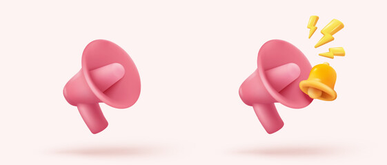 3d megaphone speaker or loudspeaker bullhorn for announce promotion in background, megaphone loud hailer with microphone, speakerphone. 3d icon vector render illustration for alert and announcement