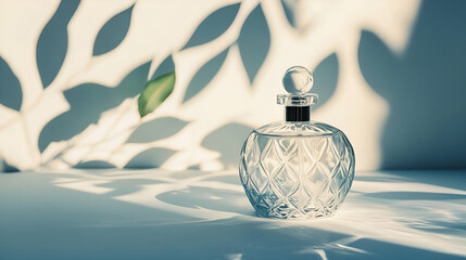 Elegant Crystal Perfume Bottle in Soft Sunlight with Leaf Shadows