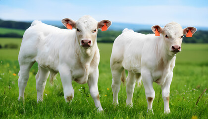 Obraz premium Two white cows standing in a field