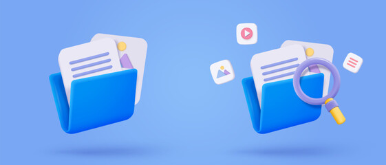 3d media file management icon. Searching image and video in organization database. paperwork sharing soft, document flow app, compound docs find concepts. 3d magnifying icon vector render illustration
